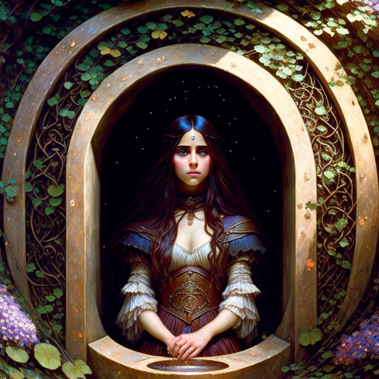 Fantasy Woman in Ornate Circular Doorway Amid Lush Greenery