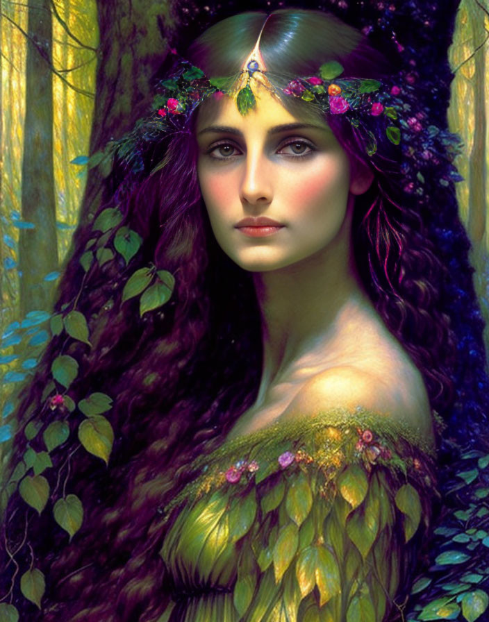 Fantasy portrait of woman with long, wavy hair and floral crown in lush greenery