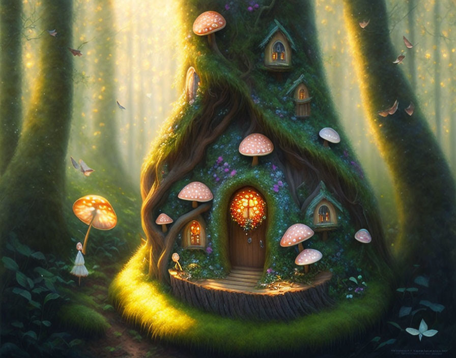 Enchanted forest scene with glowing treehouse and butterflies