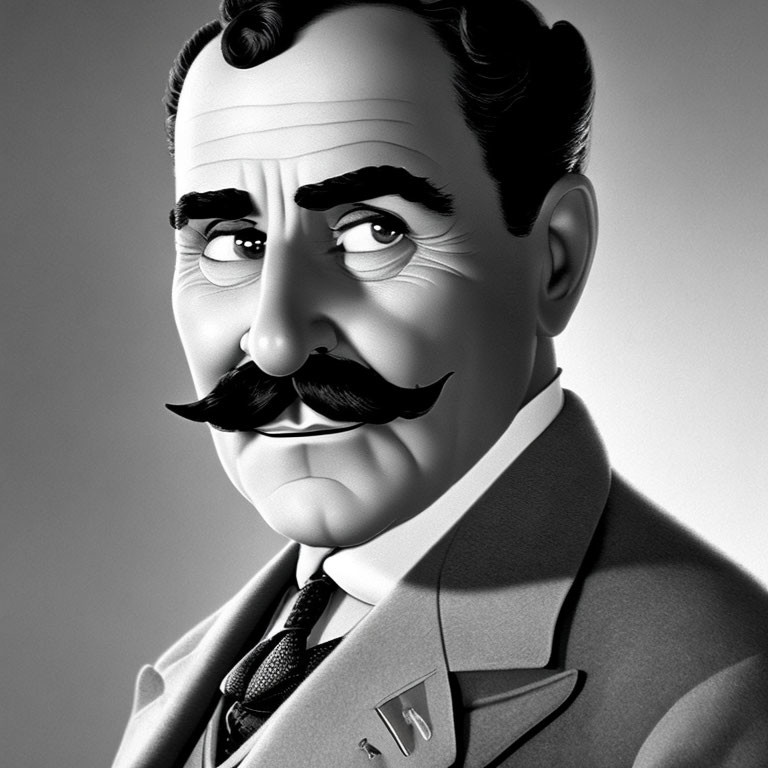 Monochrome illustration of distinguished gentleman with mustache in suit and tie