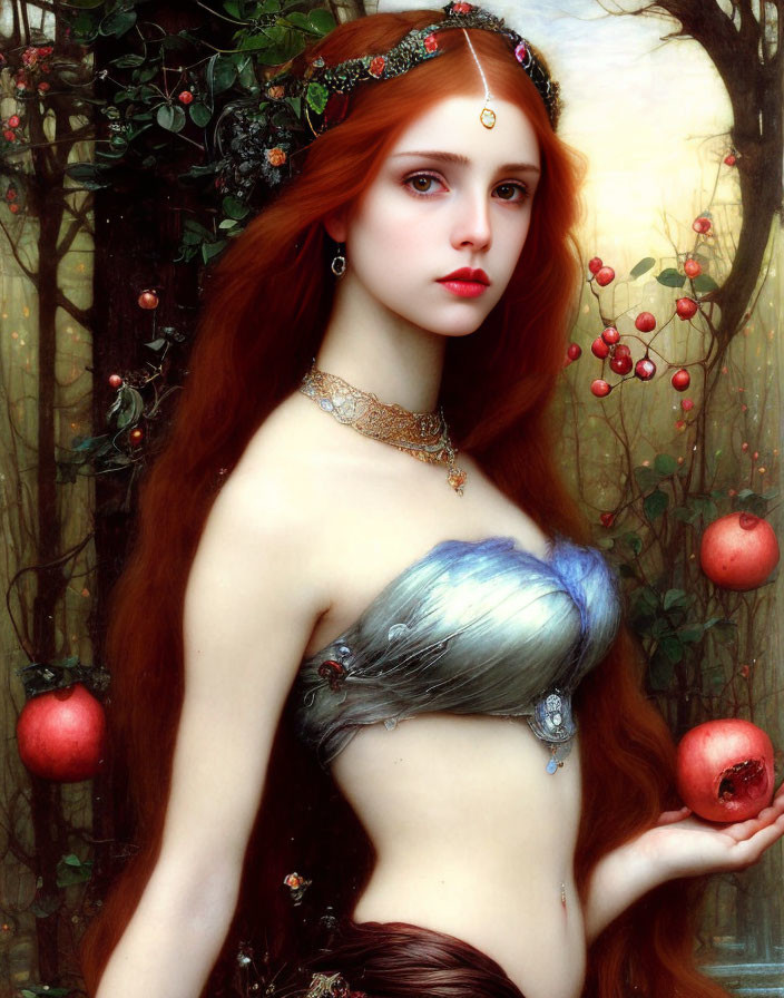 Portrait of woman with red hair, headband, holding pomegranate amidst foliage.
