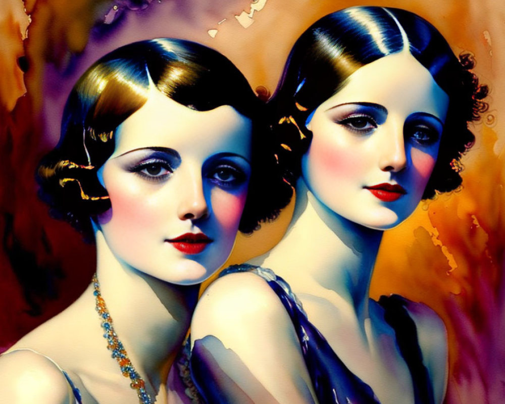 Two Vintage-Styled Women with Bobbed Hair in Matching Makeup