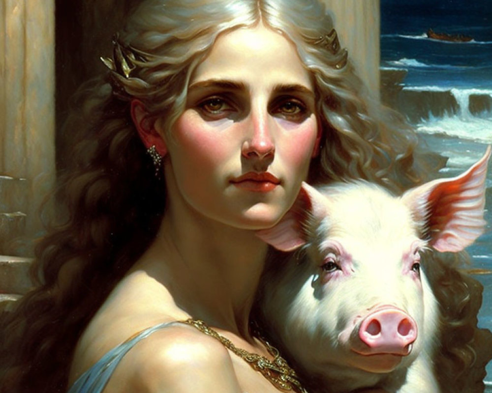 Portrait of Woman with Curly Hair in Blue Dress Holding Piglet by Seashore