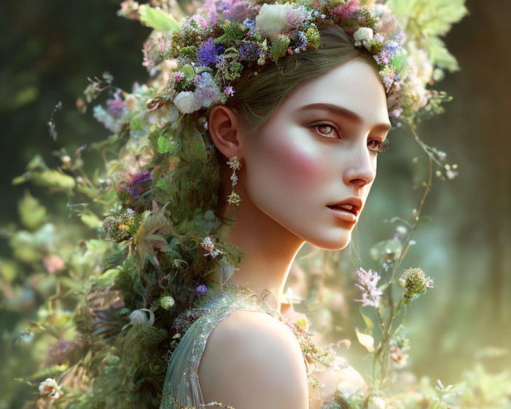 Woman with floral crown in lush green background exudes fairy-tale aura
