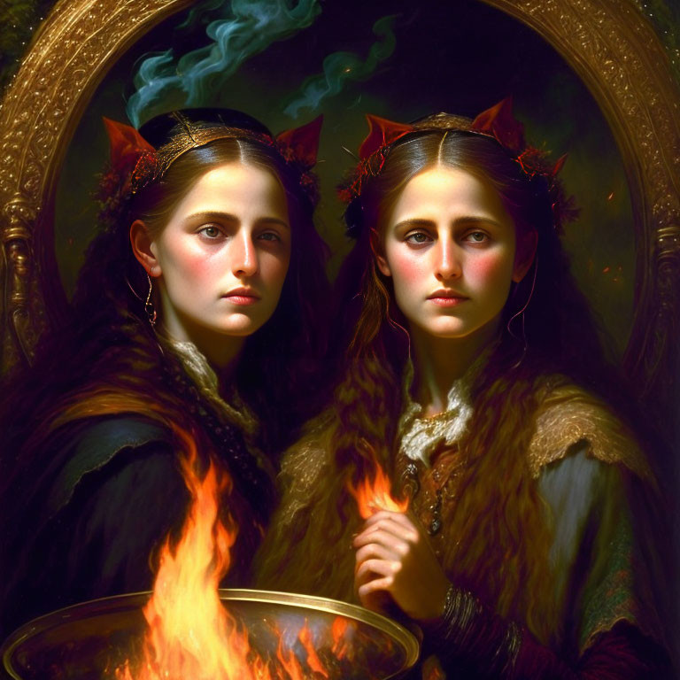 Twin figures with horns and flames in digital art on dark background