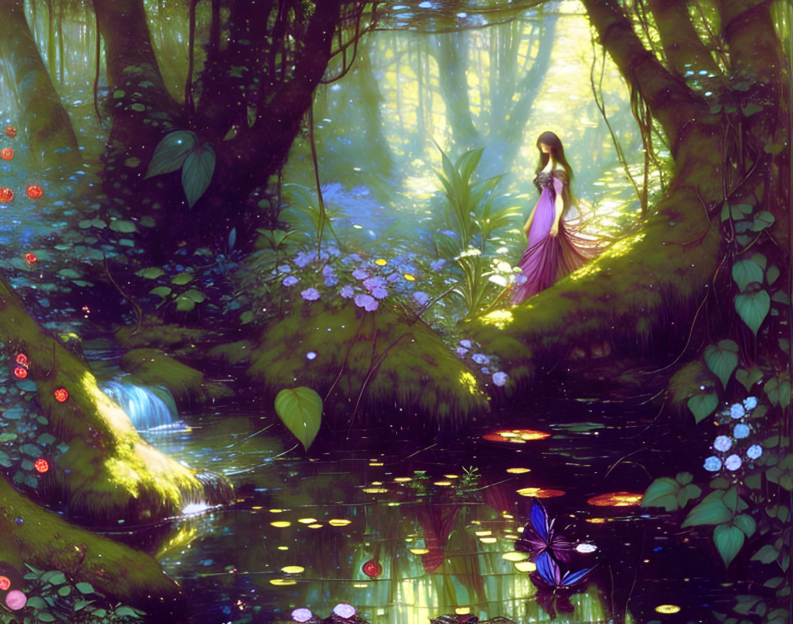Tranquil fantasy forest scene with woman in purple dress and butterflies