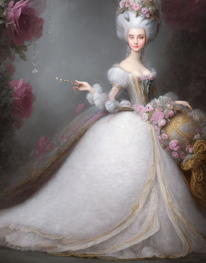 18th-Century Style Gown Adorned with Flowers and Gold Trim