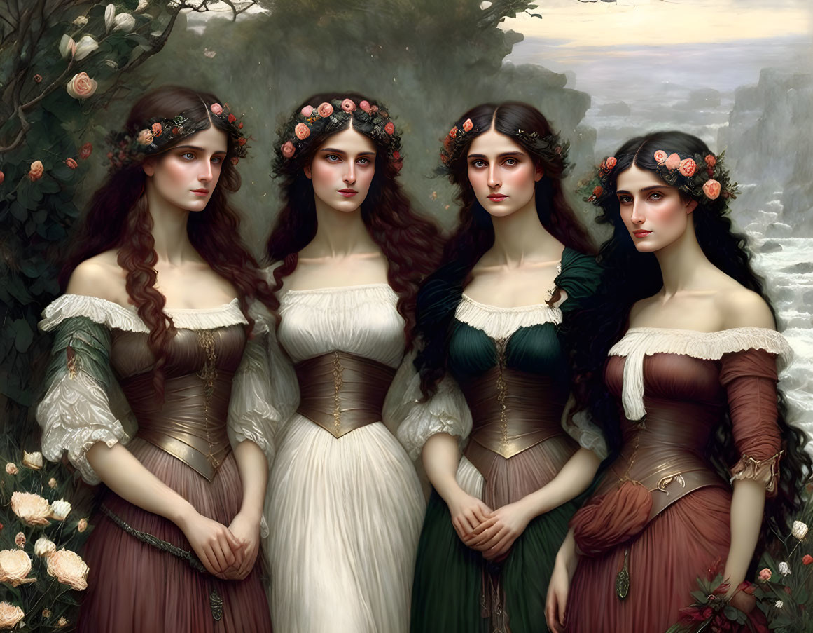 Four Women in Floral Crowns and Period Dresses Against Lush Backdrop