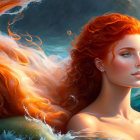 Surreal portrait of woman with red hair merging with ocean waves