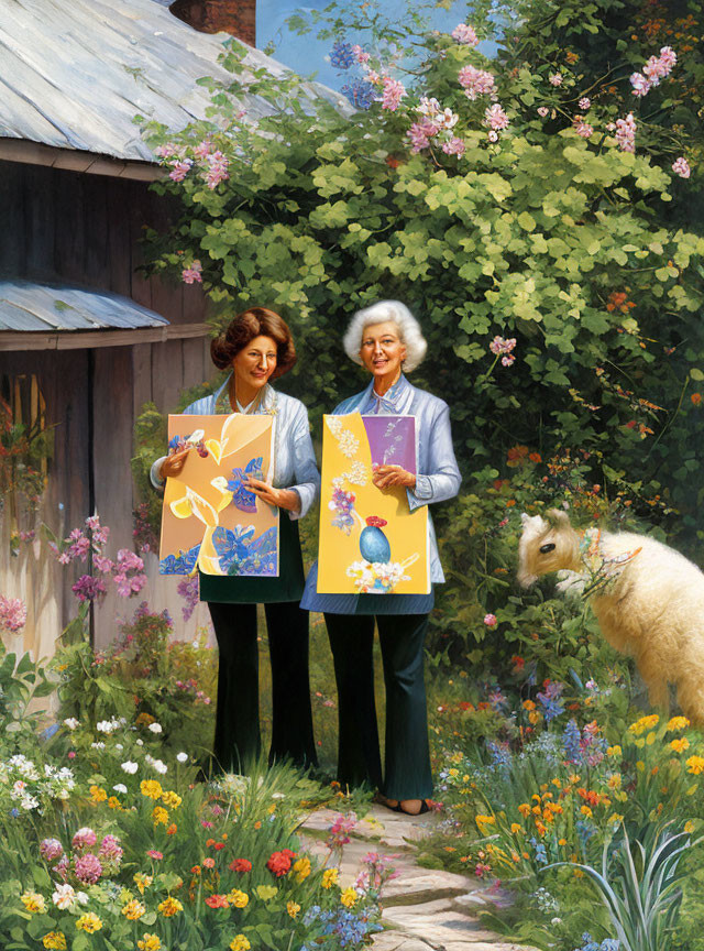 Women holding butterfly paintings in blooming garden with llama