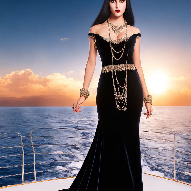 Woman in Elegant Black Dress on Yacht at Sunset with Ocean Background