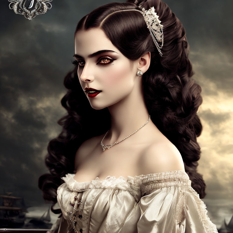 Victorian woman portrait with styled hair and cloudy sky