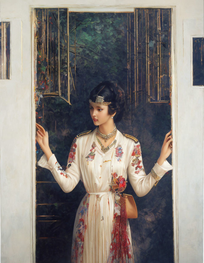 Woman in Floral Dress Standing Between French Doors