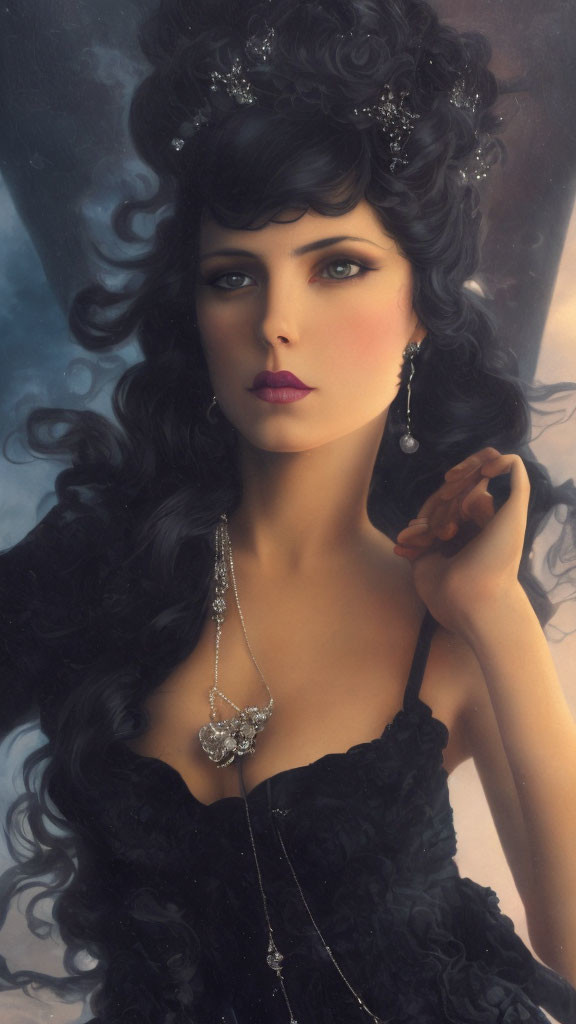 Portrait of woman with dark hair, blue eyes, elegant jewelry, in black dress