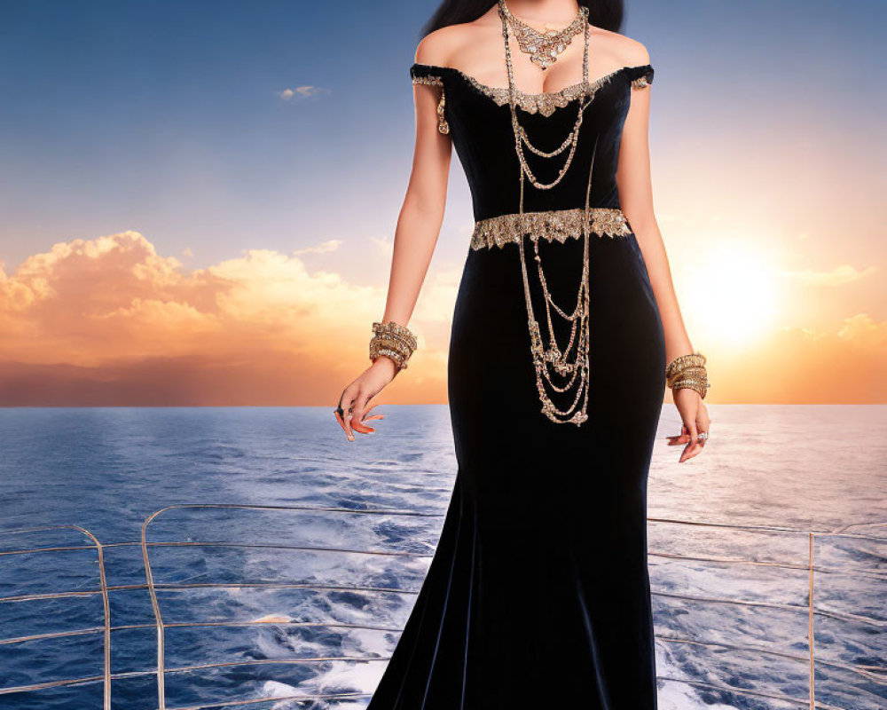 Woman in Elegant Black Dress on Yacht at Sunset with Ocean Background