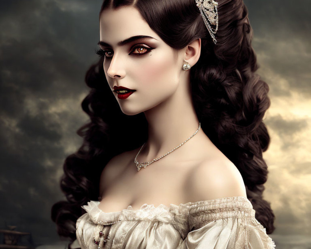 Victorian woman portrait with styled hair and cloudy sky