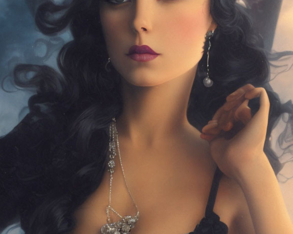 Portrait of woman with dark hair, blue eyes, elegant jewelry, in black dress