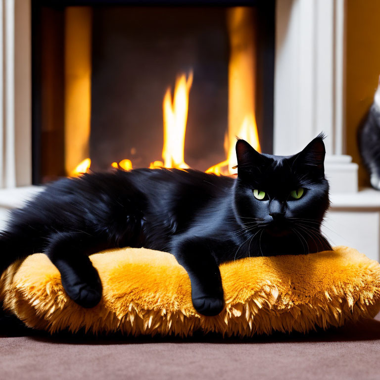 Black Cat with Green Eyes Resting on Yellow Pillow by Cozy Fireplace
