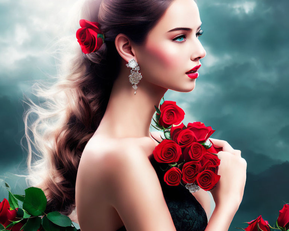 Woman with Red Roses and Diamond Earrings in Stormy Sky Portrait