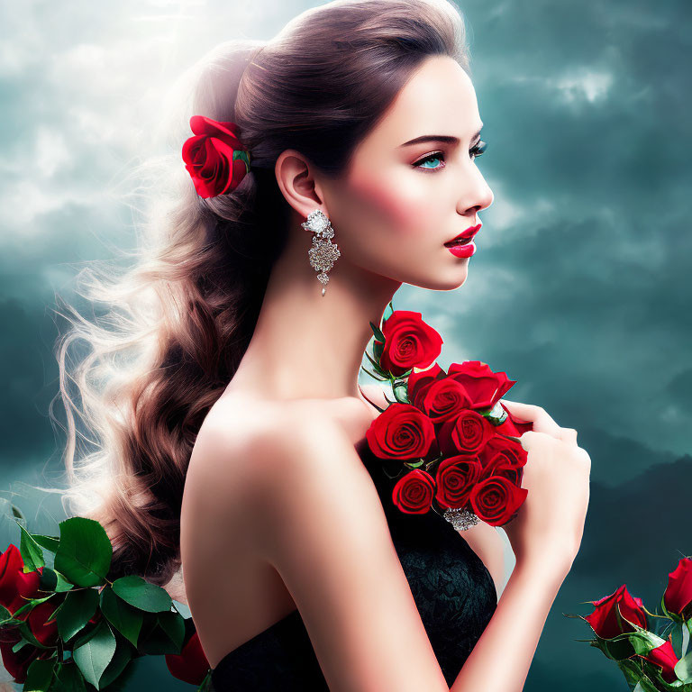 Woman with Red Roses and Diamond Earrings in Stormy Sky Portrait
