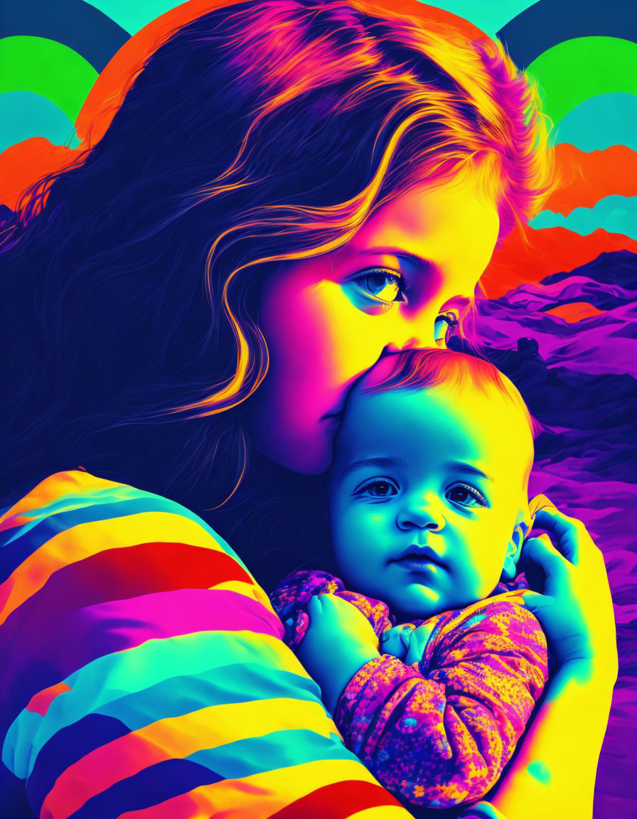 Neon-colored digital art: Woman with baby, stylized mountains & clouds