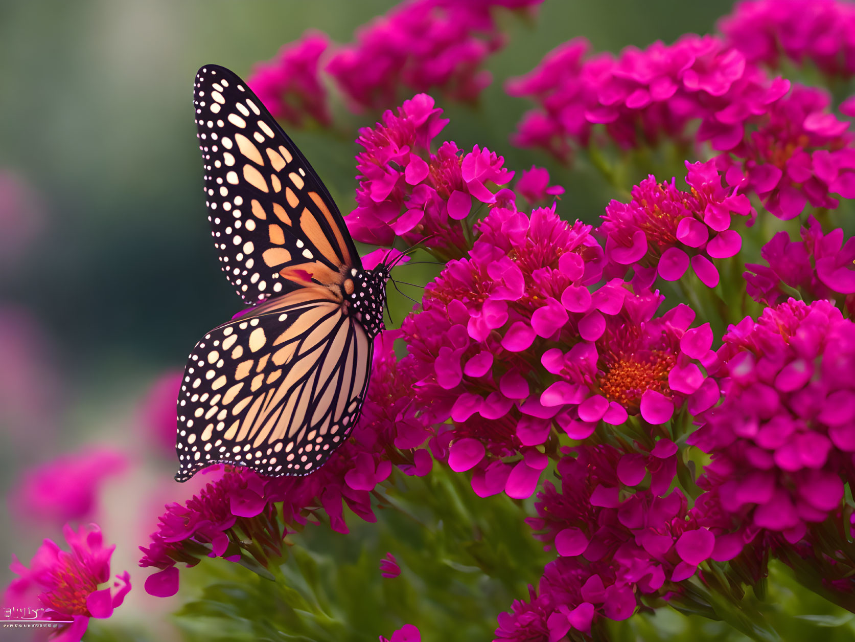 Colorful Monarch Butterfly on Pink Flowers with Green Background
