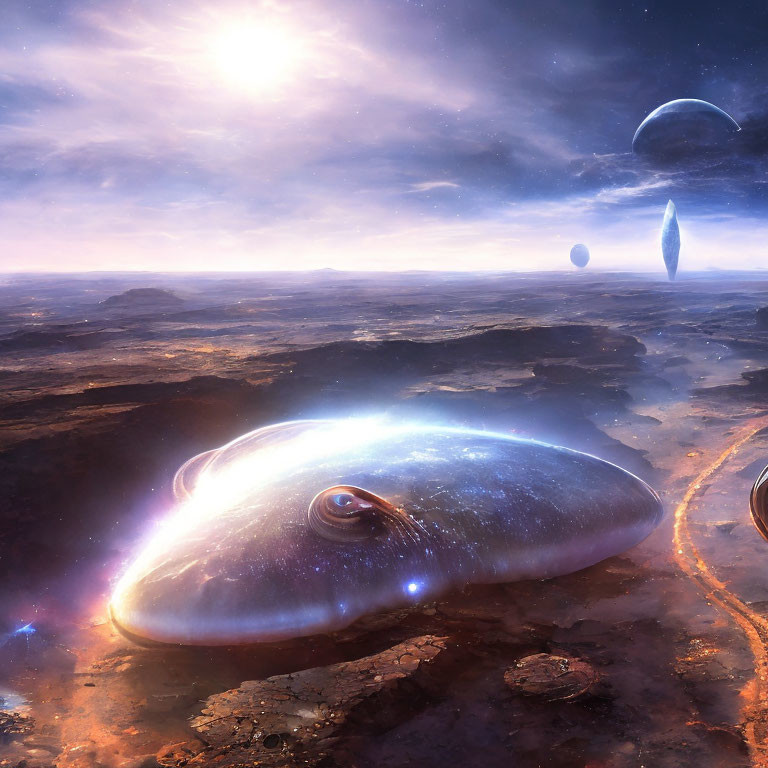 Futuristic spaceship on alien planet with two moons