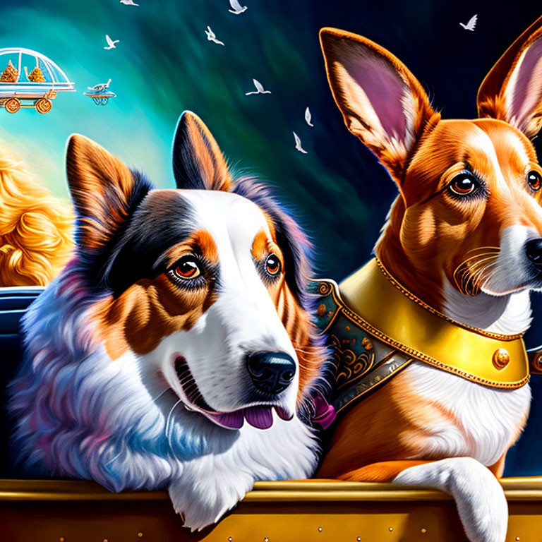 Realistic Tricolor and Tan & White Dogs Under Starry Sky
