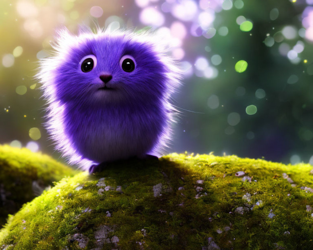 Purple fluffy creature on mossy rock in magical forest scene