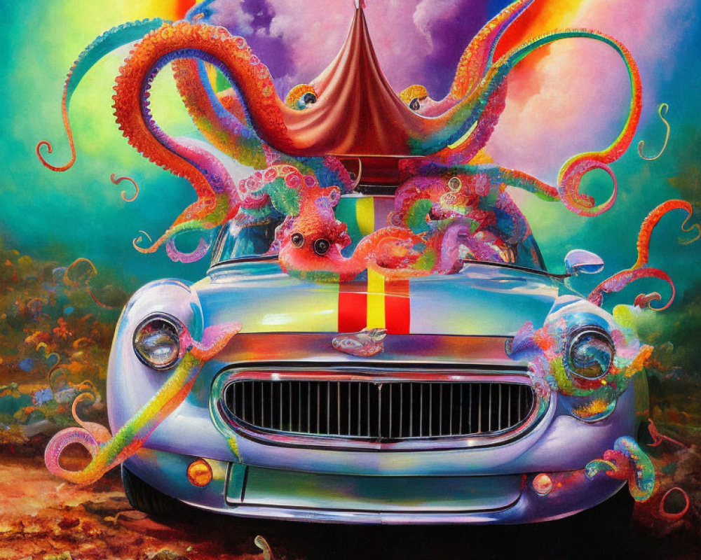 Colorful classic car artwork with tentacles and surreal rainbow backdrop