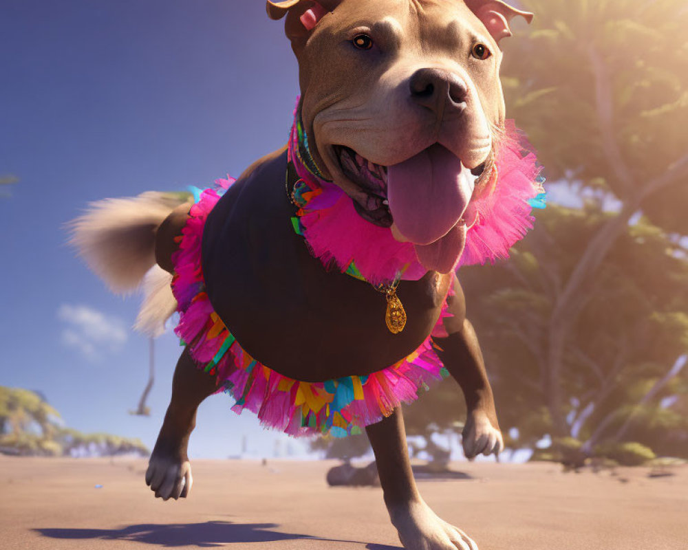 Colorful Lei Necklace and Pink Hula Skirt on Happy Animated Dog