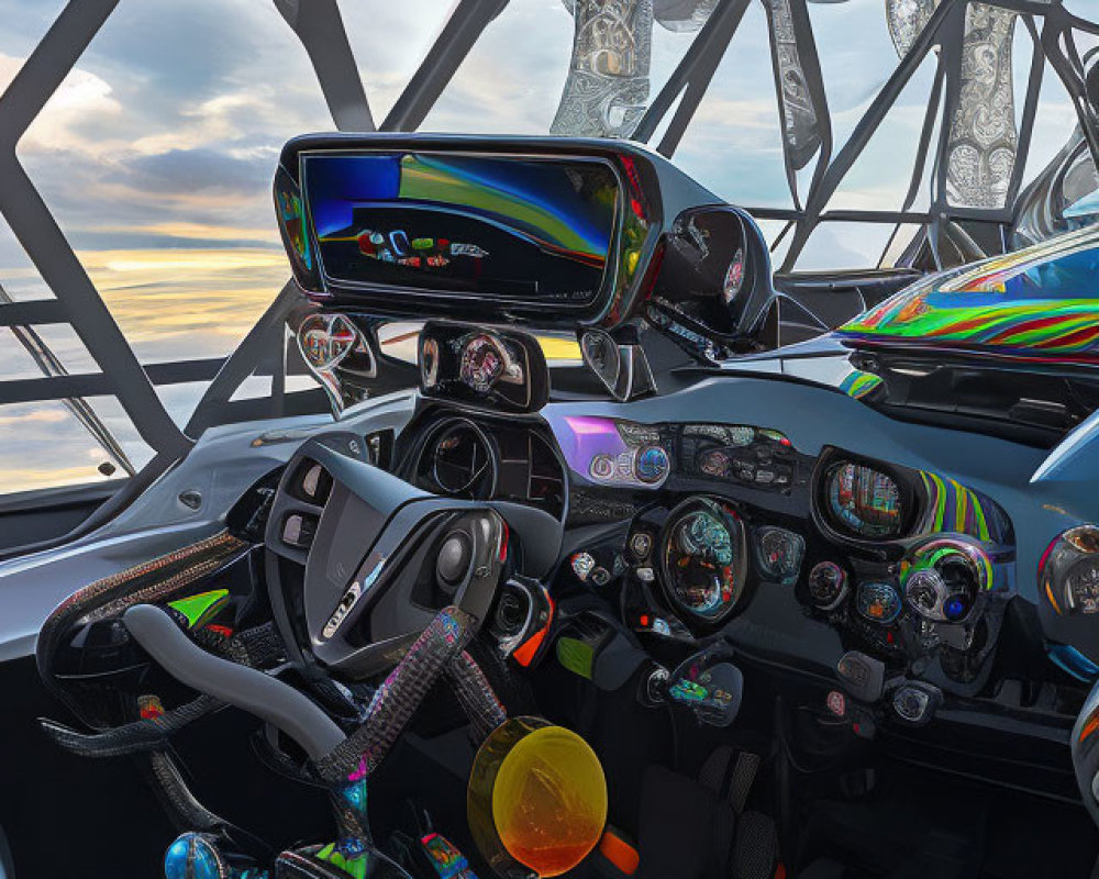 Futuristic Car Interior with Holographic Dashboard and Vibrant Controls