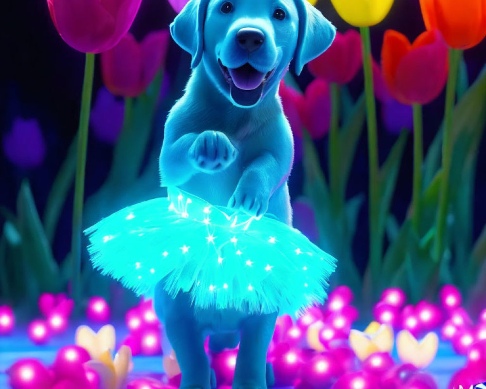 Digitally animated blue puppy in glowing tutu with tulips and heart-shaped lights