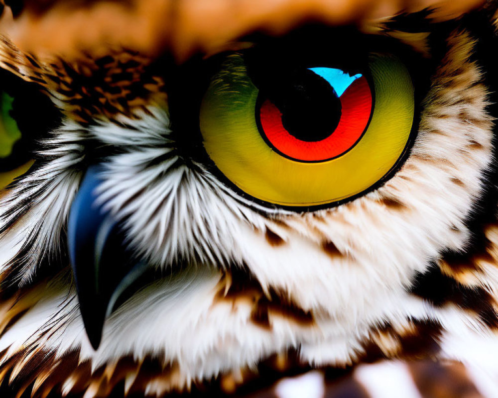 Detailed Close-Up of Colorful Owl Eye and Feathers