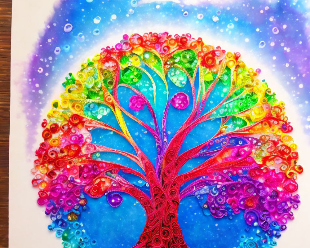 Colorful Tree Artwork with Swirling Branches on Cosmic Background