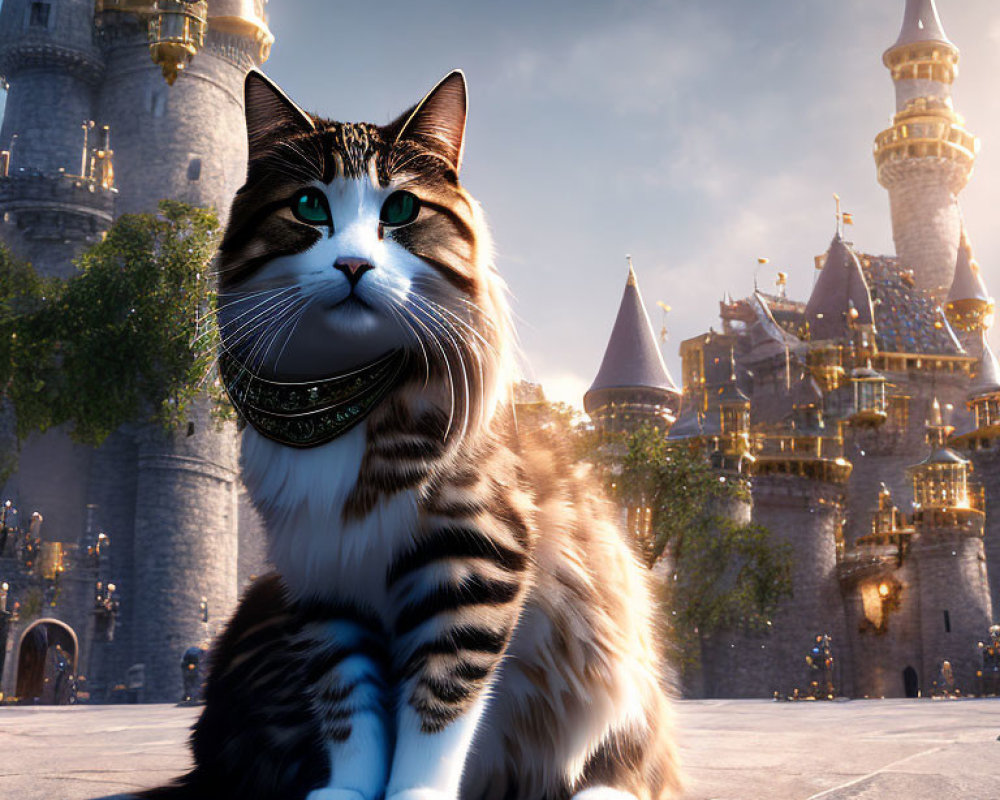 Striped Cat in Medieval Helmet with Blue Eyes and Fantasy Castle Background