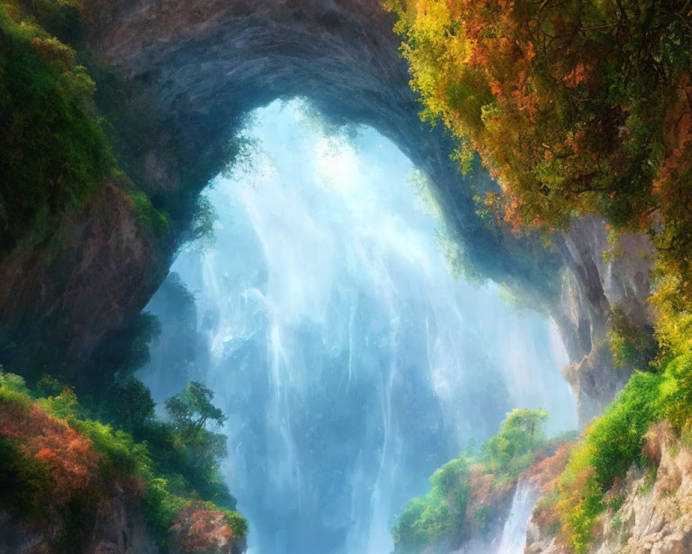Majestic waterfall in sunlit rocky opening with vibrant autumn foliage