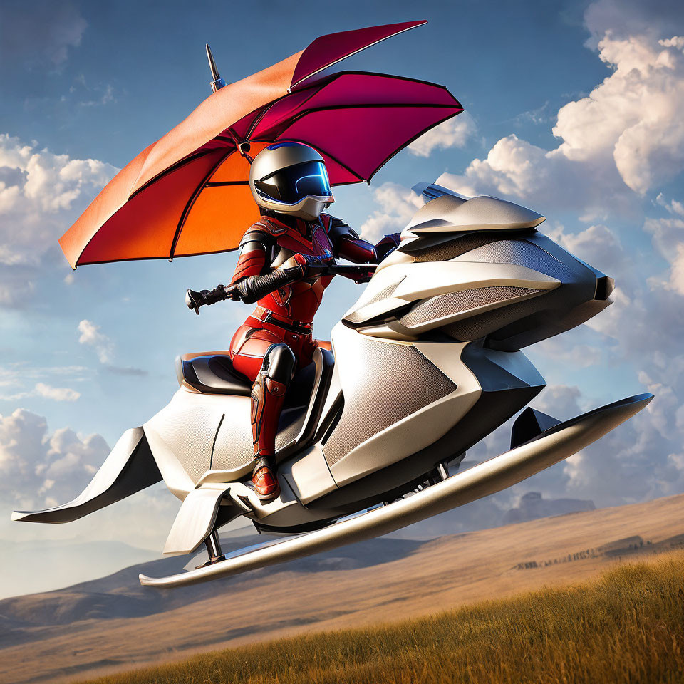 Futuristic red and silver suit person with umbrella rides white motorcycle on grassy plain
