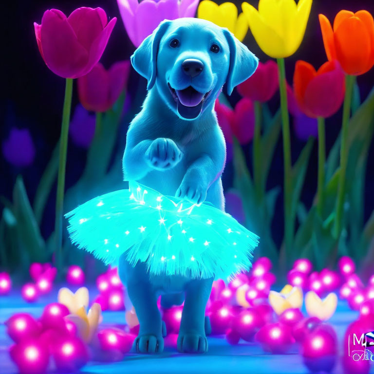 Digitally animated blue puppy in glowing tutu with tulips and heart-shaped lights