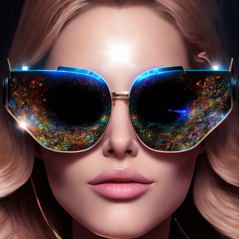 Woman Wearing Large Sunglasses Reflecting Cosmic Scene