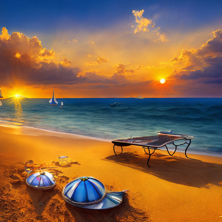 Colorful Sunset Beach Scene with Sailboats and Capsized Boats