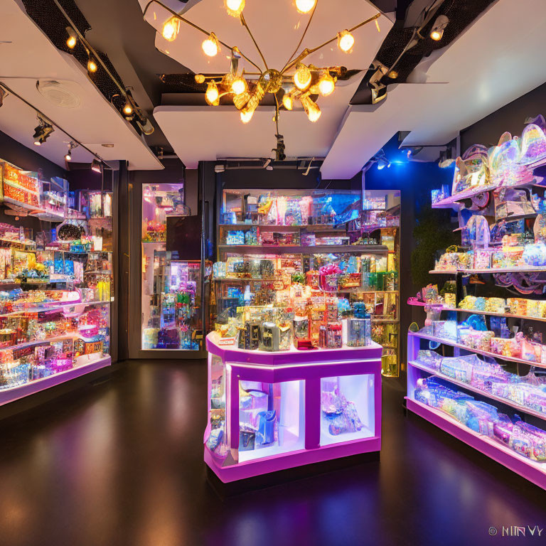 Colorful candy store interior with vibrant sweets on shelves and stylish lighting