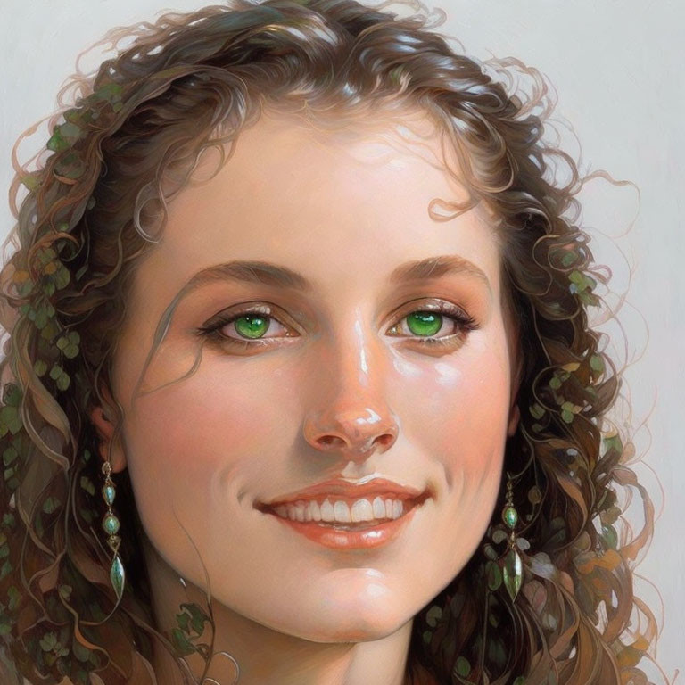 Curly-haired woman with green eyes and vine decorations.
