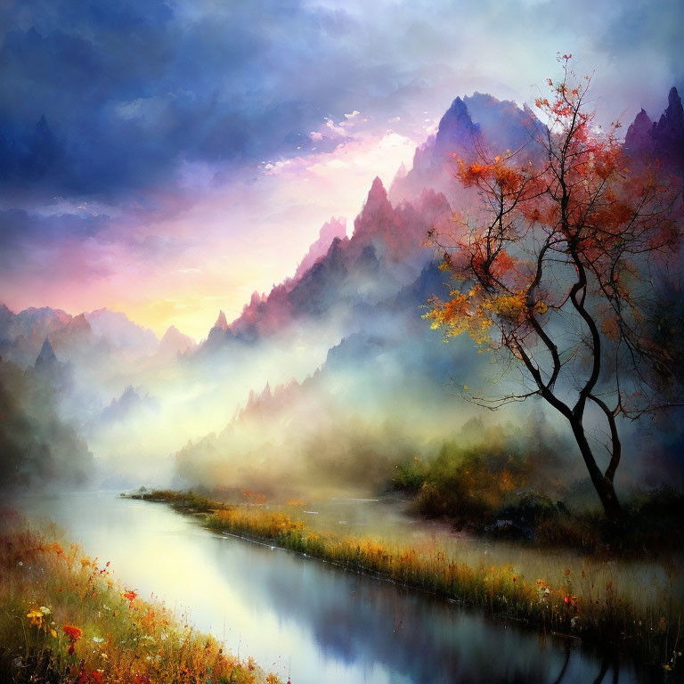 Misty river, sunrise skies, mountains, lone tree - serene landscape