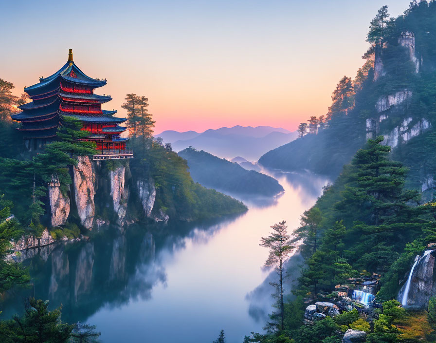 Traditional pagoda on cliff by tranquil river and forested hills at sunrise