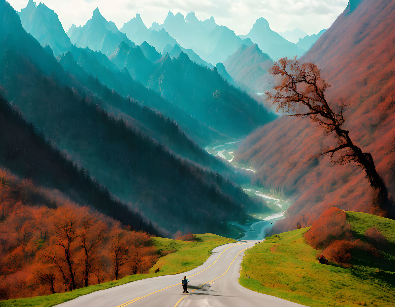 Person walking on winding road among autumn trees and mountains under hazy sky
