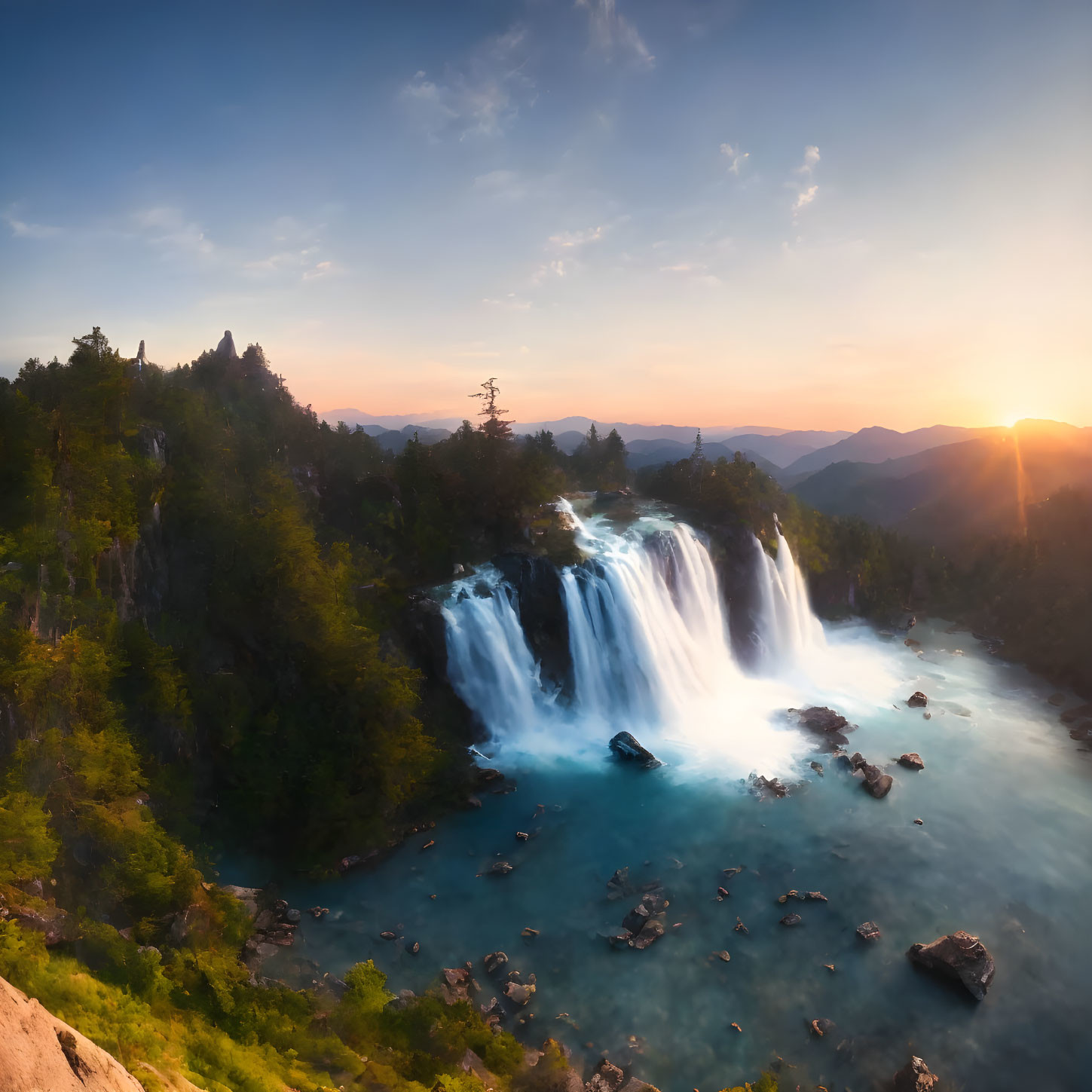 Majestic waterfall in forested landscape at sunset