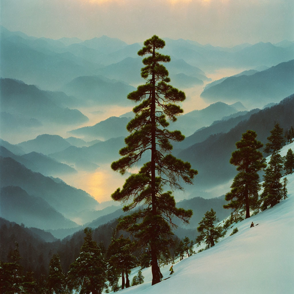 Snowy Slope with Pine Trees, Mountain Ridges, and Sunset Glow