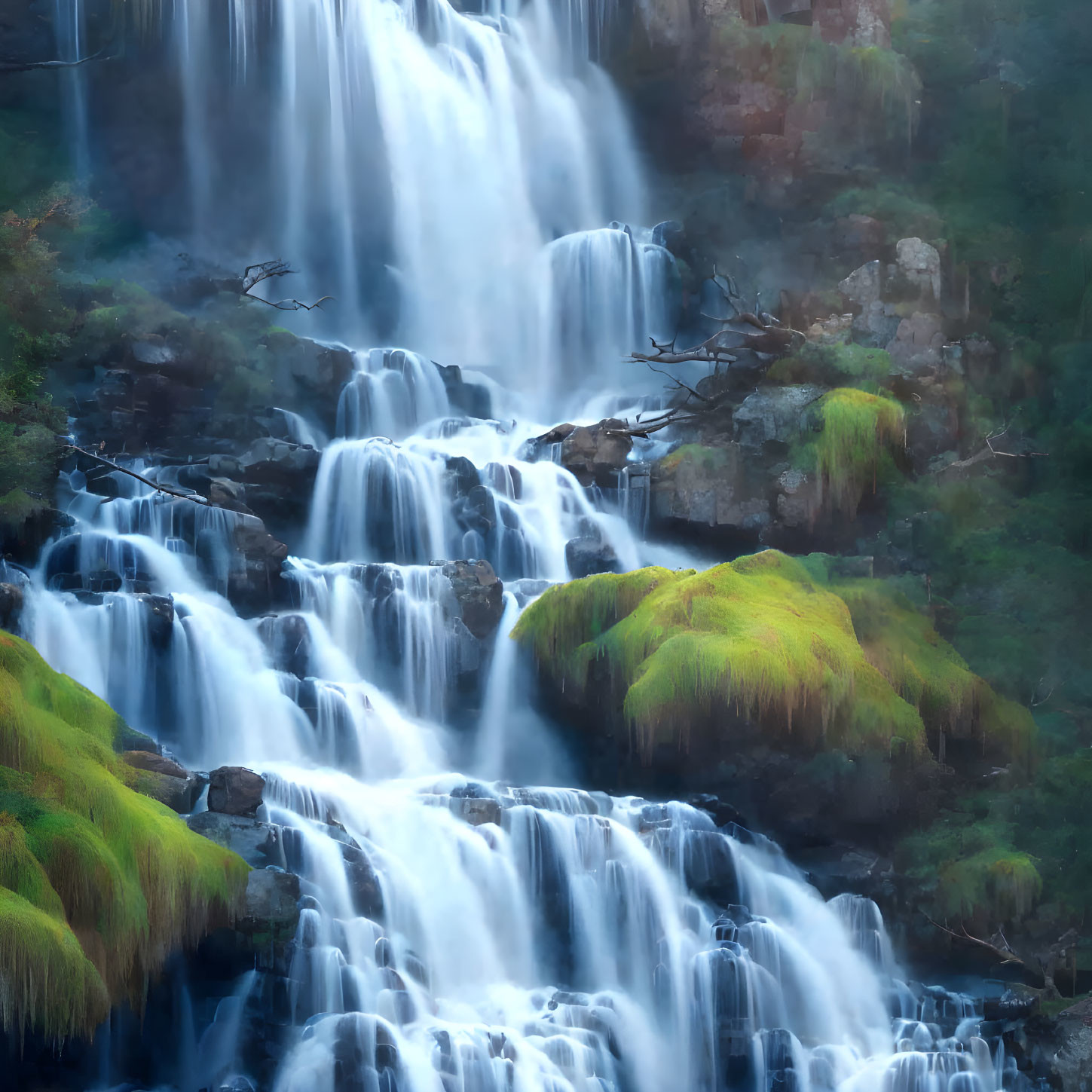 Moss-Covered Rocks in Ethereal Forest with Cascading Waterfall