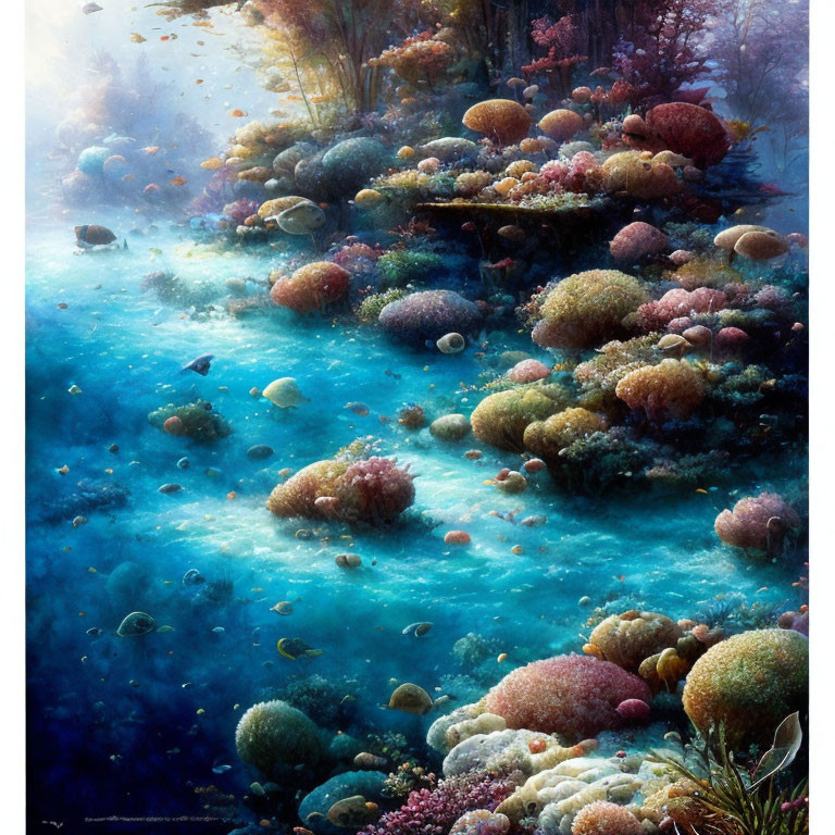 Colorful Coral Reef Teeming with Plant Life and Sunlight